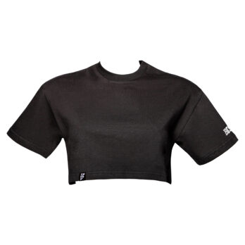 T-Shirt cropped con scritta 13eyond ricamata bianca lato manica – contrasto