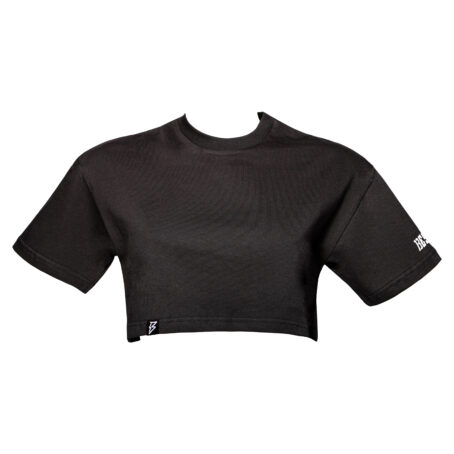 T-Shirt cropped con scritta 13eyond ricamata bianca lato manica - contrasto